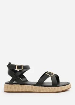 Where's That From Black-PU Alora Wide-Fit Cross-Over Buckle Strap Sandals