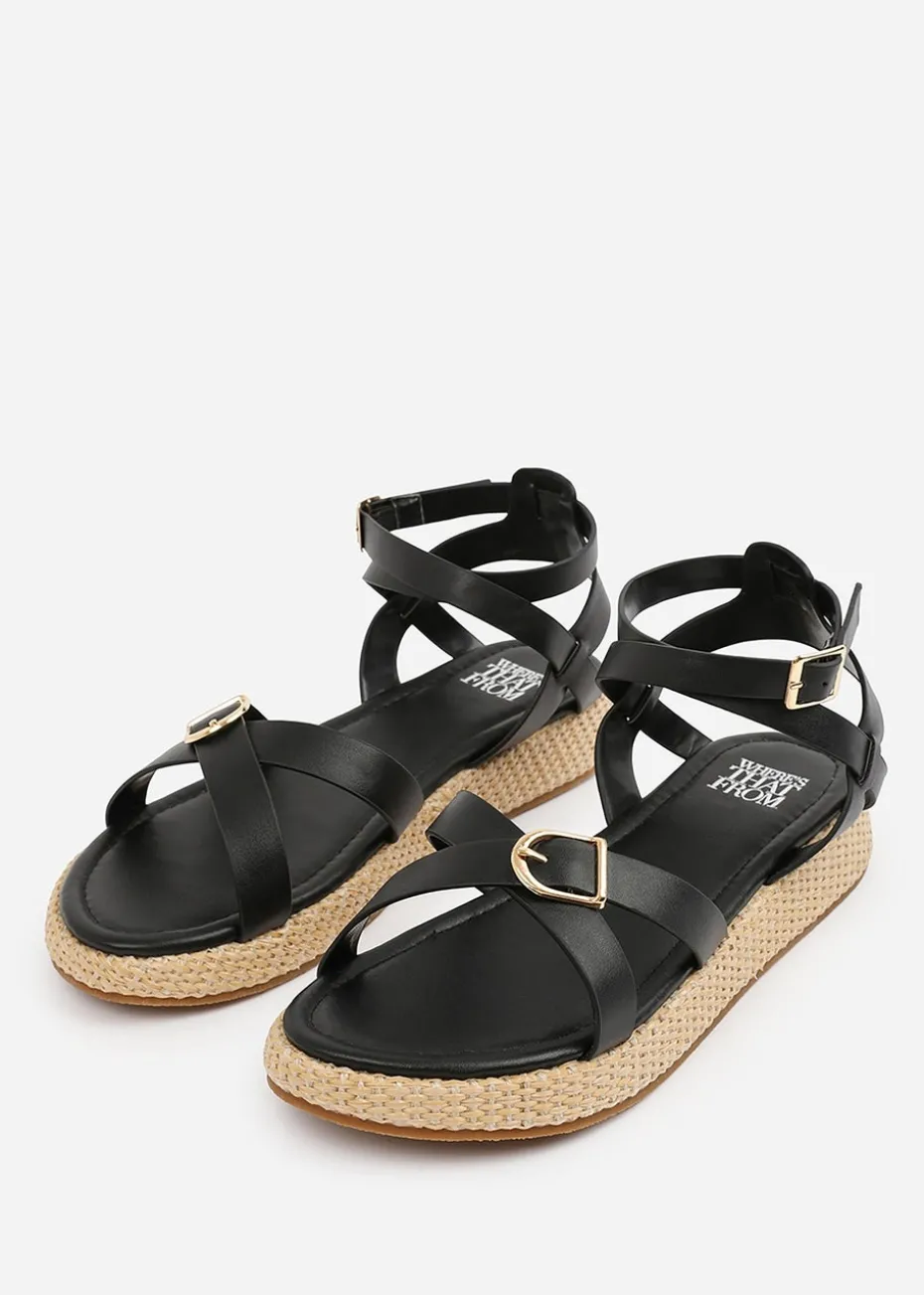 Where's That From Black-PU Alora Wide-Fit Cross-Over Buckle Strap Sandals