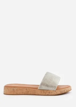 Where's That From Clear Diamante Cream Ember Flatform Sliders