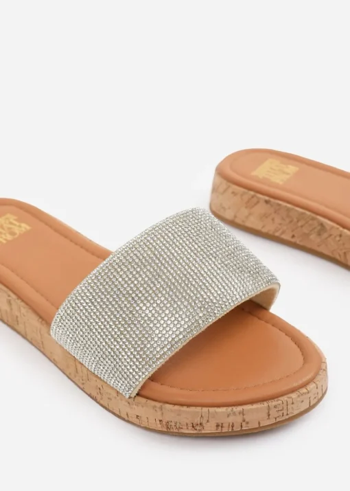 Where's That From Clear Diamante Cream Ember Wide-Fit Flatform Sliders
