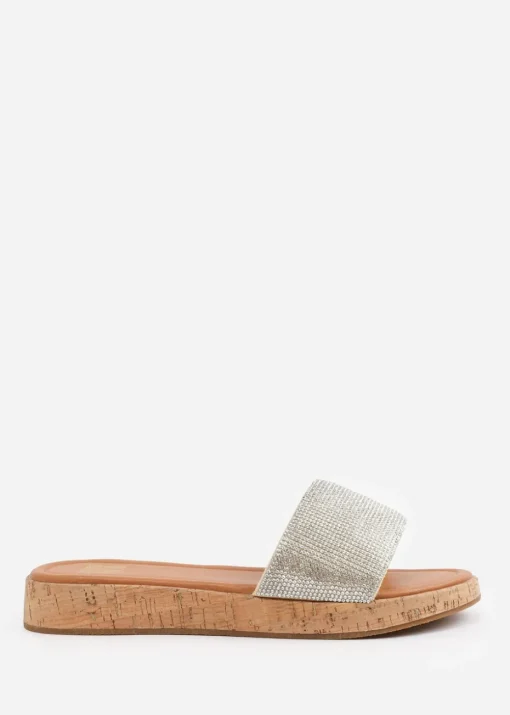 Where's That From Clear Diamante Cream Ember Wide-Fit Flatform Sliders