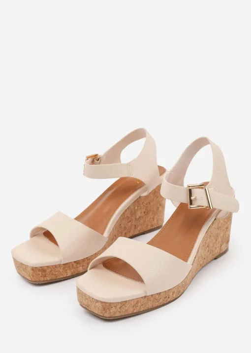Where's That From Cream PU Giselle Wide-Fit Wedge Sandals With Buckle-Ankle-Strap