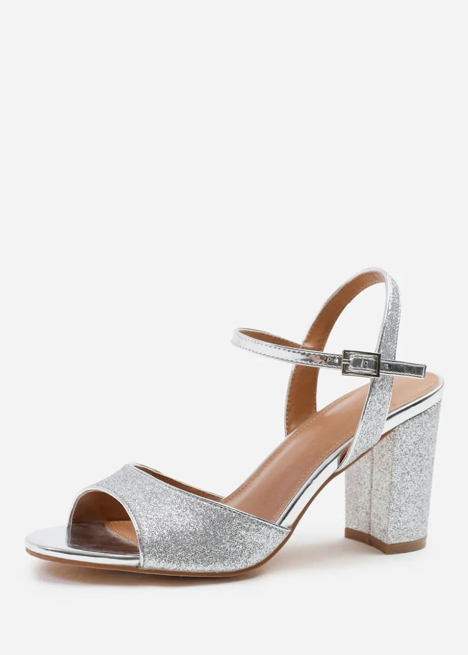 Where's That From Florence Silver Glitter Mid-High Ankle Strap Heels