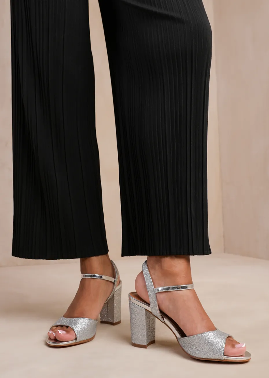 Where's That From Florence Silver Glitter Mid-High Ankle Strap Heels