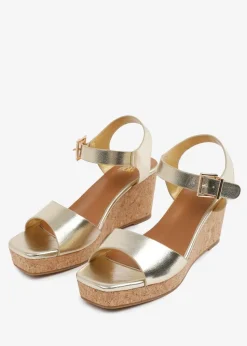 Where's That From Gold PU Giselle Wide-Fit Wedge Sandals With Buckle-Ankle-Strap