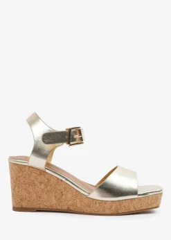 Where's That From Gold PU Giselle Wide-Fit Wedge Sandals With Buckle-Ankle-Strap