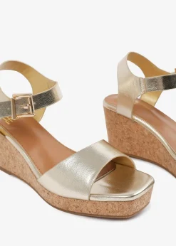 Where's That From Gold PU Giselle Wide-Fit Wedge Sandals With Buckle-Ankle-Strap