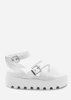 Where's That From Layla White Wide-Fit Buckle Strap Platform Sandals