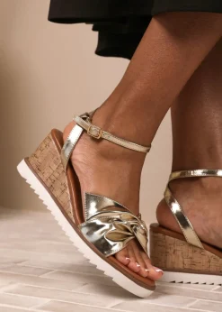 Where's That From Metallic Gold PU Katara Knot Detail Wedge Shoes