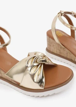 Where's That From Metallic Gold PU Katara Knot Detail Wedge Shoes