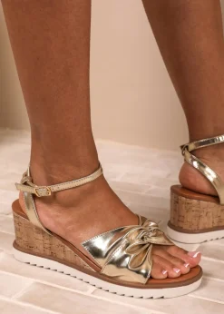 Where's That From Metallic Gold-PU Katara Wide-Fit Knot Detail Wedge Shoes