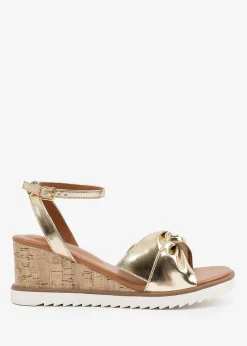 Where's That From Metallic Gold-PU Katara Wide-Fit Knot Detail Wedge Shoes