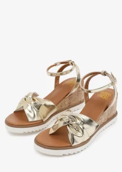 Where's That From Metallic Gold-PU Katara Wide-Fit Knot Detail Wedge Shoes