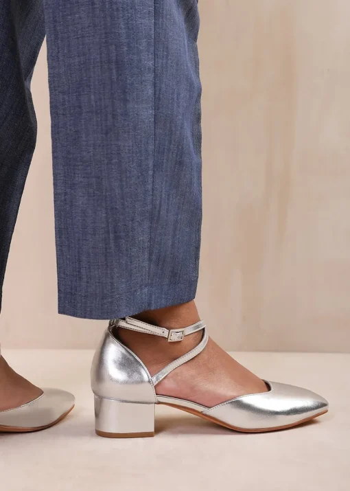 Where's That From Silver Peru  Low Ankle Strap Block Heels