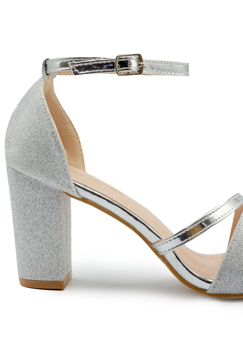 Where's That From Silver Glitter Perla Mid Block Heel Sandals