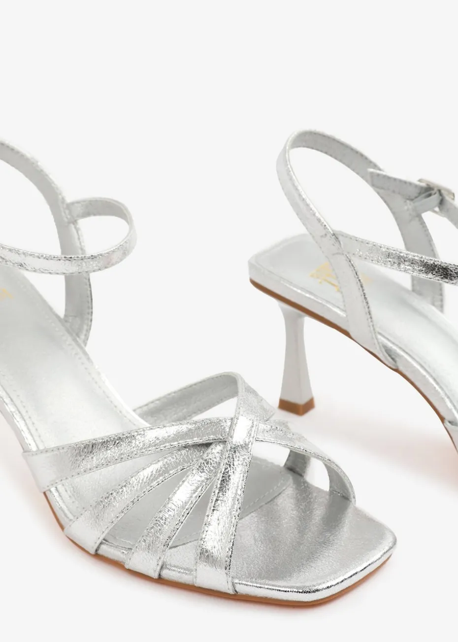 Where's That From Silver PU Torigh Wide-Fit Cross-Over Multi-Strap-Adjustable Buckle Heel