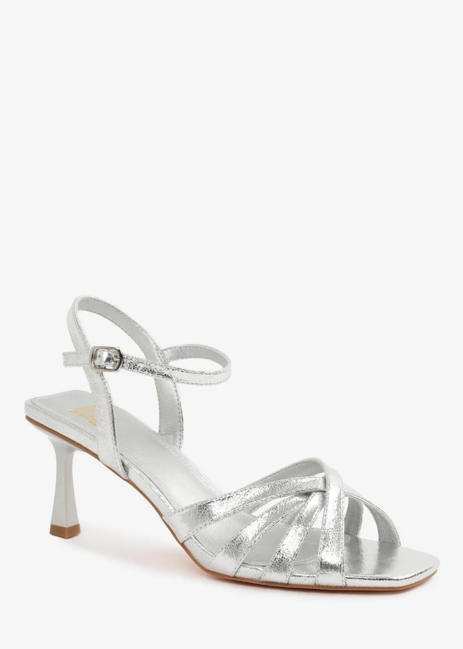 Where's That From Silver PU Torigh Wide-Fit Cross-Over Multi-Strap-Adjustable Buckle Heel