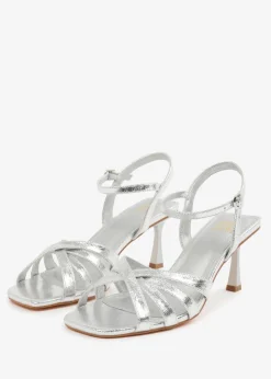 Where's That From Silver PU Torigh Wide-Fit Cross-Over Multi-Strap-Adjustable Buckle Heel