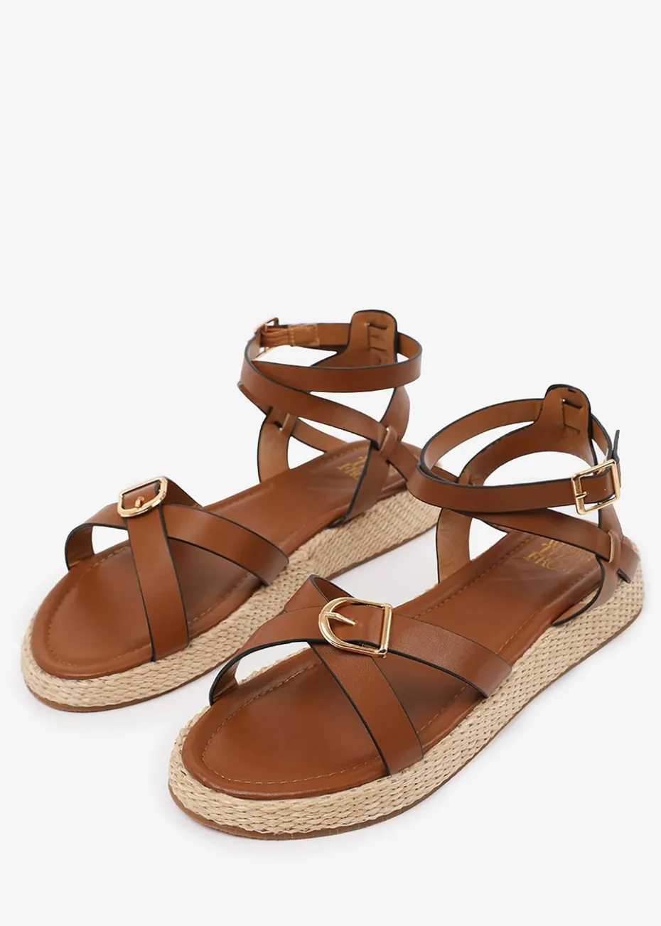 Where's That From Tan PU Alora Cross-Over Buckle Strap Sandals