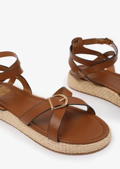 Where's That From Tan-PU Alora Wide-Fit Cross-Over Buckle Strap Sandals