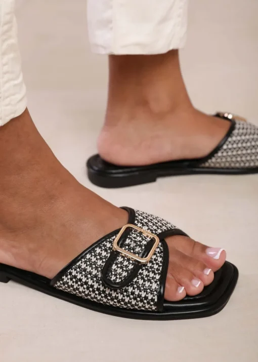 Where's That From Vermont Black Pu Front Buckle Raffia Sliders