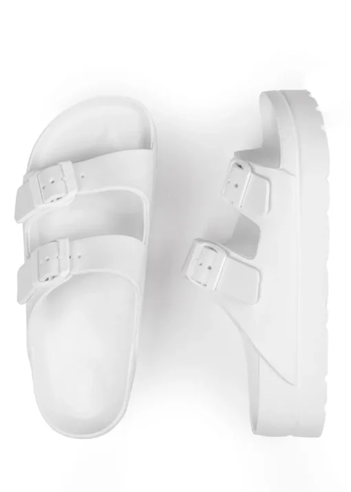 Where's That From White Danielle Slider Sandals With Buckle