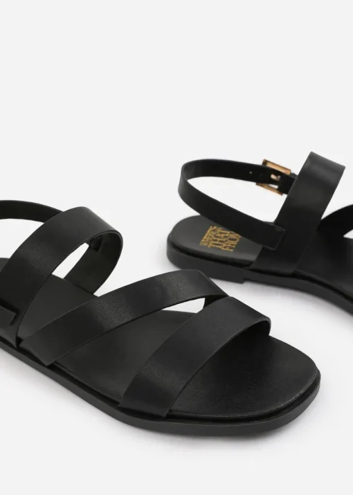 Where's That From Wide Fit Black PU Nessa Flat Sandals