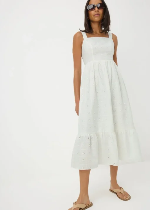 White Broderie Anglaise Square Neck Midi Dress