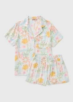 White Crinkle Sun & Palm Tree Shorts Pyjama Set