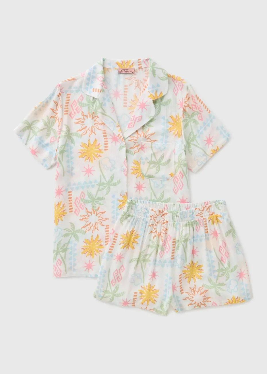 White Crinkle Sun & Palm Tree Shorts Pyjama Set