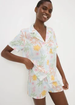 White Crinkle Sun & Palm Tree Shorts Pyjama Set