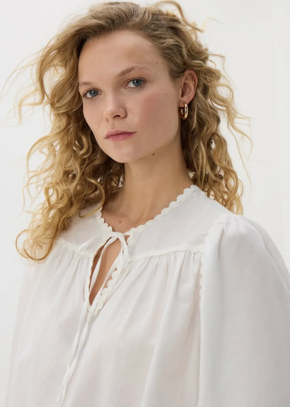 White Embroidered Tie Neck Blouse