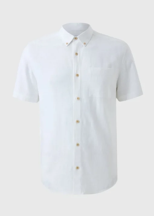 White Linen Blend Short Sleeve Shirt