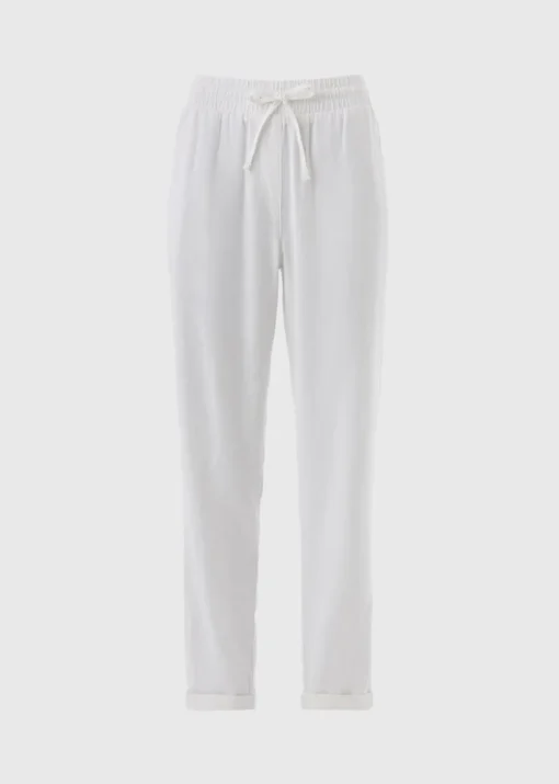 White Linen Blend Tapered Trousers