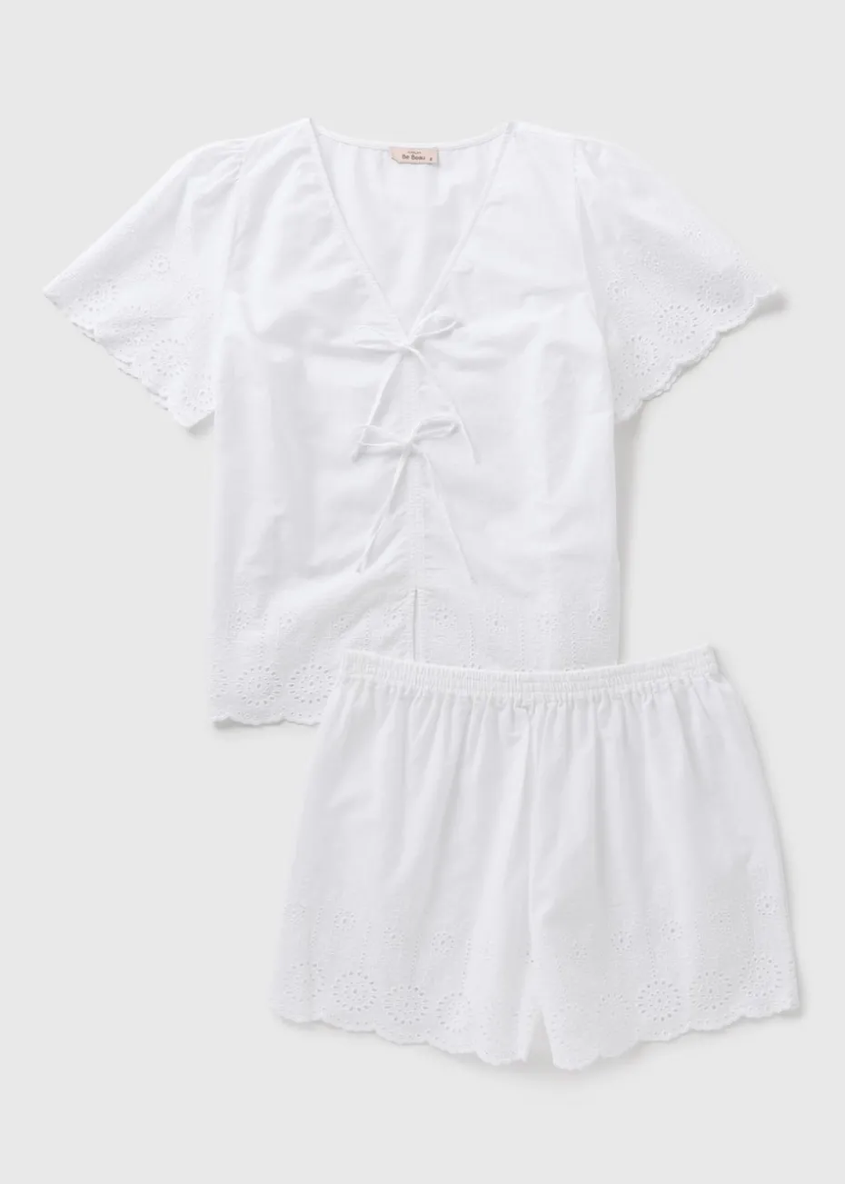 White Tie Front Broderie Pyjama Set