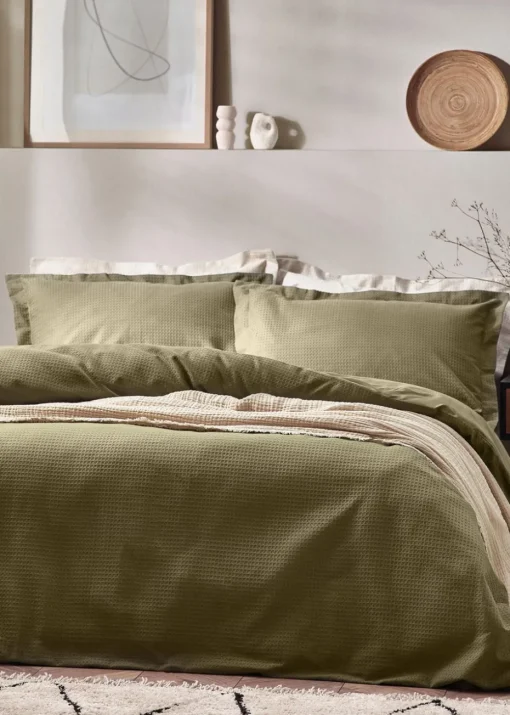 Yard Waffle Textured 100% Cotton Duvet Cover Set Olive