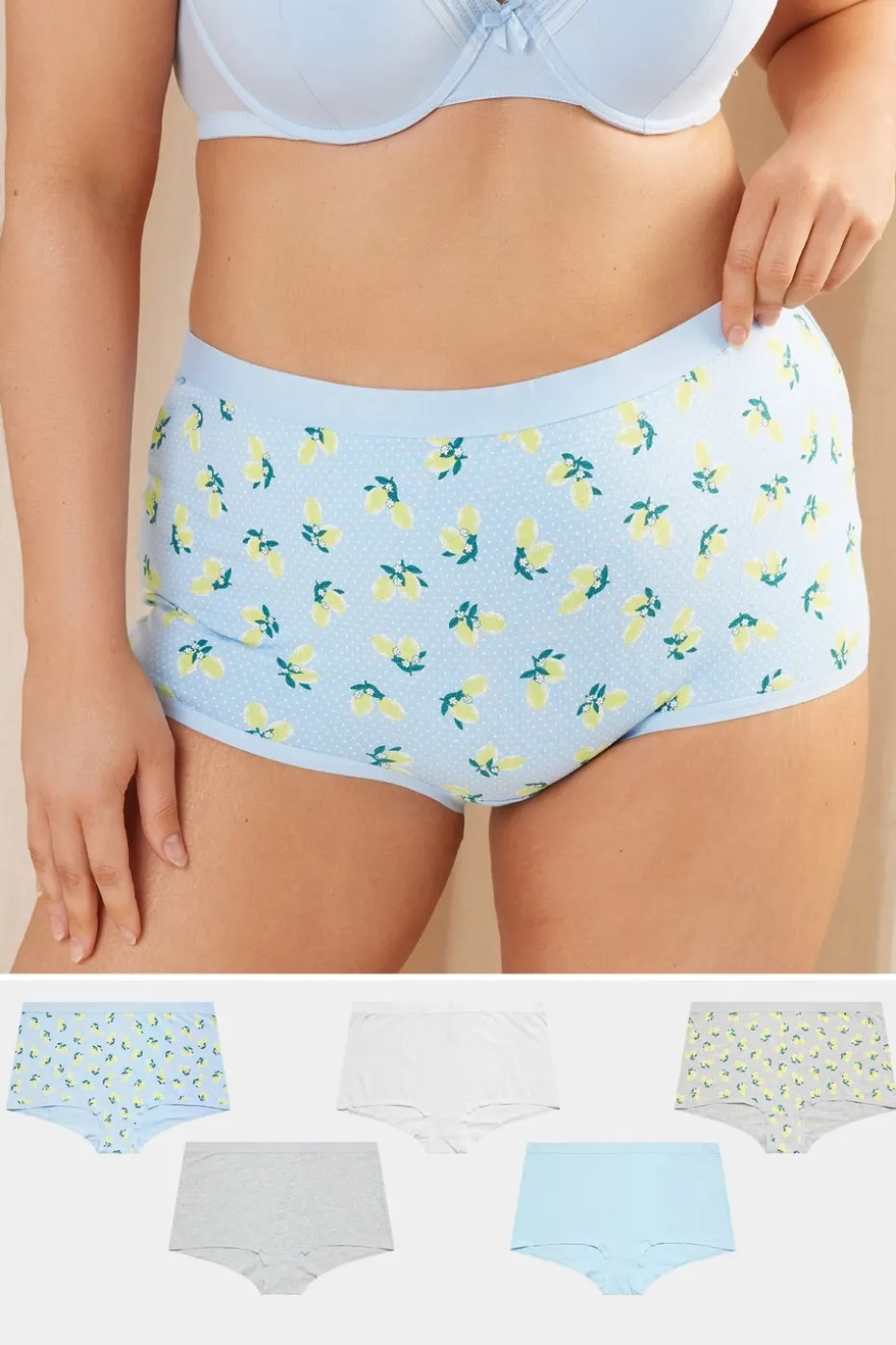 Yours Curve 5 Pack Blue & Grey Lemon Print Shorts