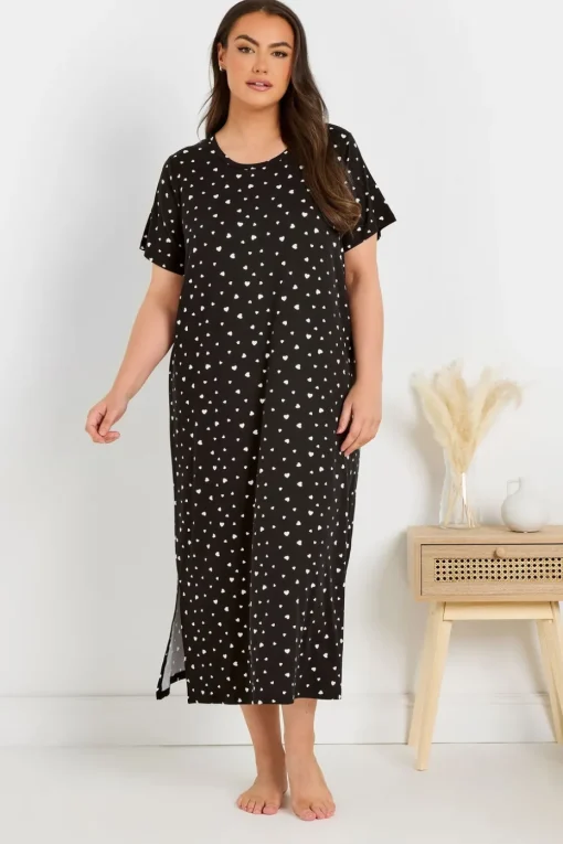 Yours Curve 2 Pack Pink & Black Heart Print Midaxi Nightdresses