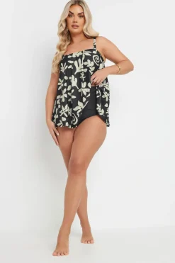 Yours Curve Black Abstract Floral Tankini Top