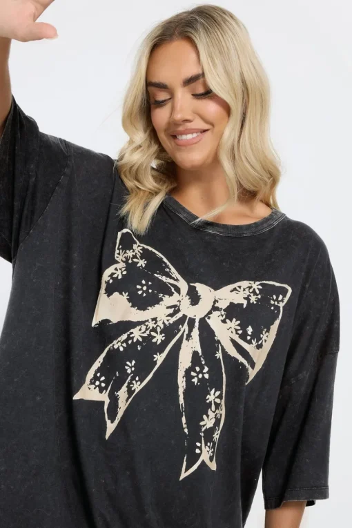 Yours Curve Black Acid Wash Boxy Bow Graphic Print T Shirt
