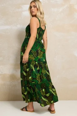 Yours Curve Black & Green Palm Print Shirred Tiered Maxi Dress