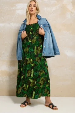 Yours Curve Black & Green Palm Print Shirred Tiered Maxi Dress