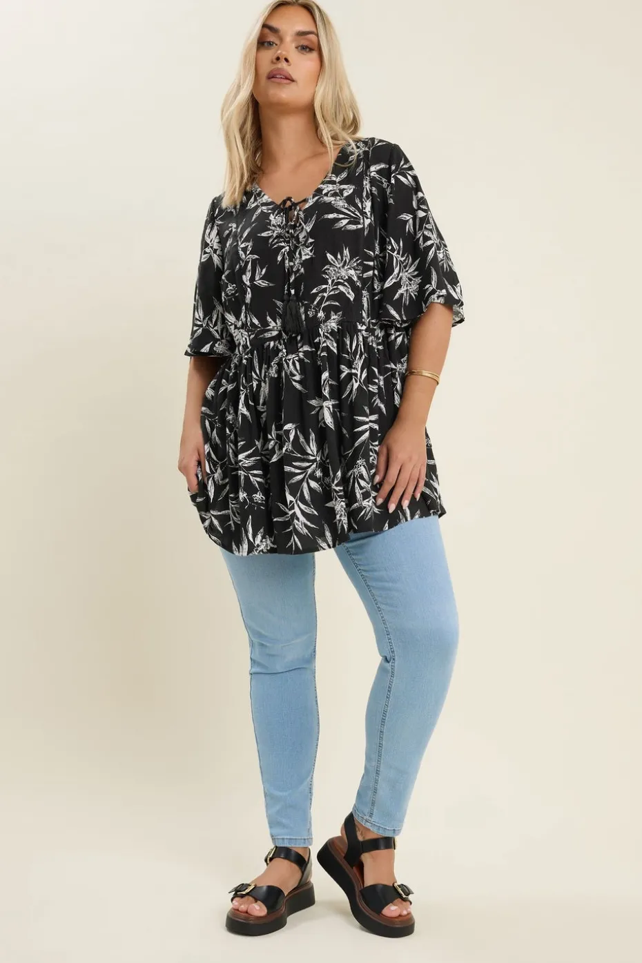 Yours Curve Black & White Palm Print Tie Neck Top