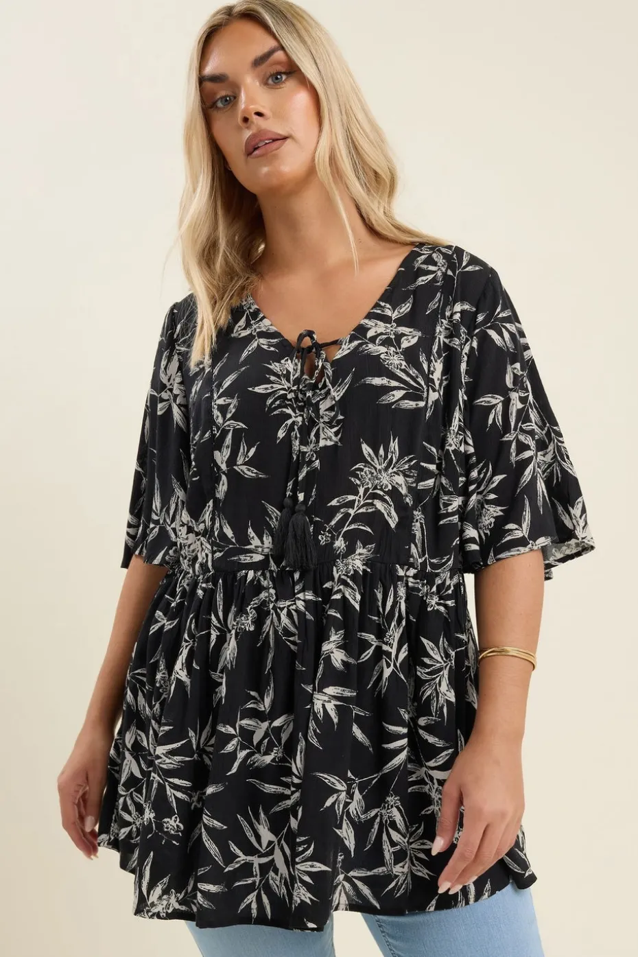 Yours Curve Black & White Palm Print Tie Neck Top