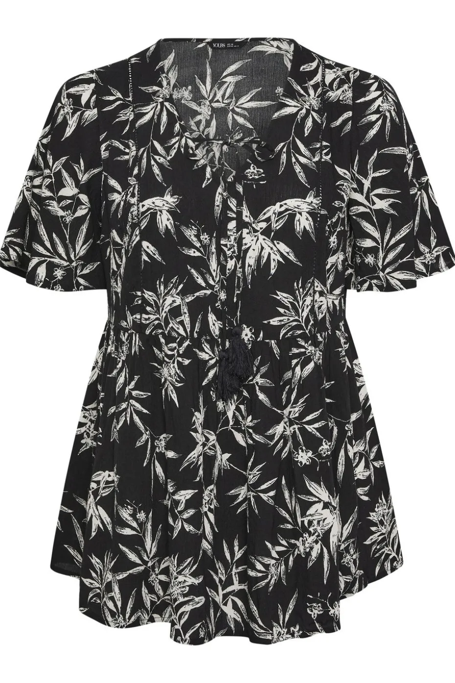 Yours Curve Black & White Palm Print Tie Neck Top