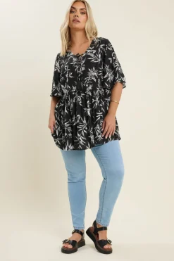 Yours Curve Black & White Palm Print Tie Neck Top