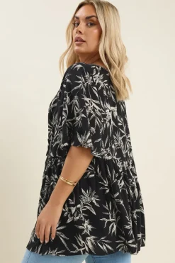 Yours Curve Black & White Palm Print Tie Neck Top