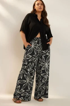Yours Curve Black & White Floral Print Textured Wide Leg Trousers