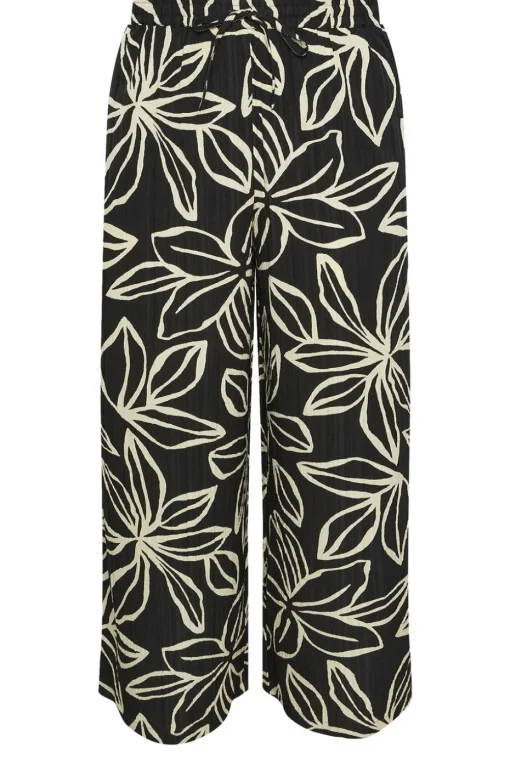 Yours Curve Black & White Floral Print Textured Wide Leg Trousers