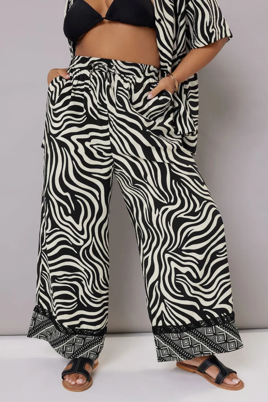 Yours Curve Black & White Zebra Wide Leg Trousers
